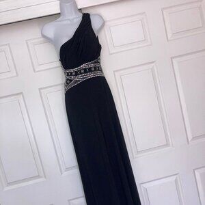 Hailey Logan Adrianna Papell Black 1 Shoulder Sequin Long Gown GALA small